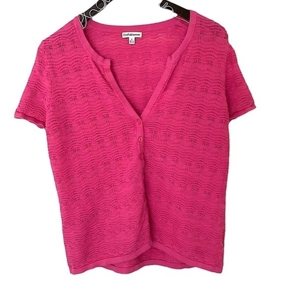 Vintage Y2K Short Sleeve Button-Up Barbie Pink Textured V-Neck Cardigan Large - Picture 1 of 6